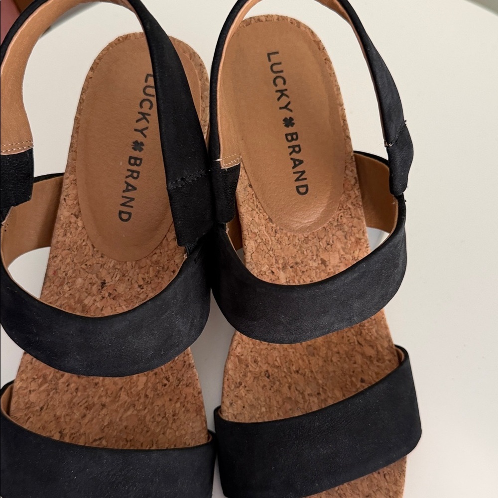 Lucky Brand Jobina Heel Sandal leather upper cork midsole stacked block heel EUC - Picture 15 of 16